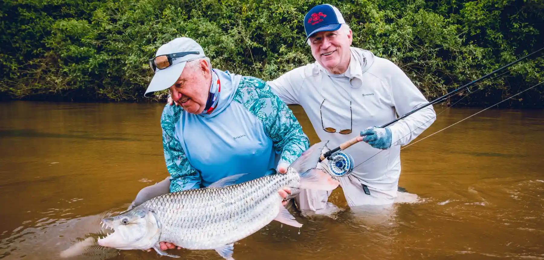 Two anglers holding tigerfish in shallow river water