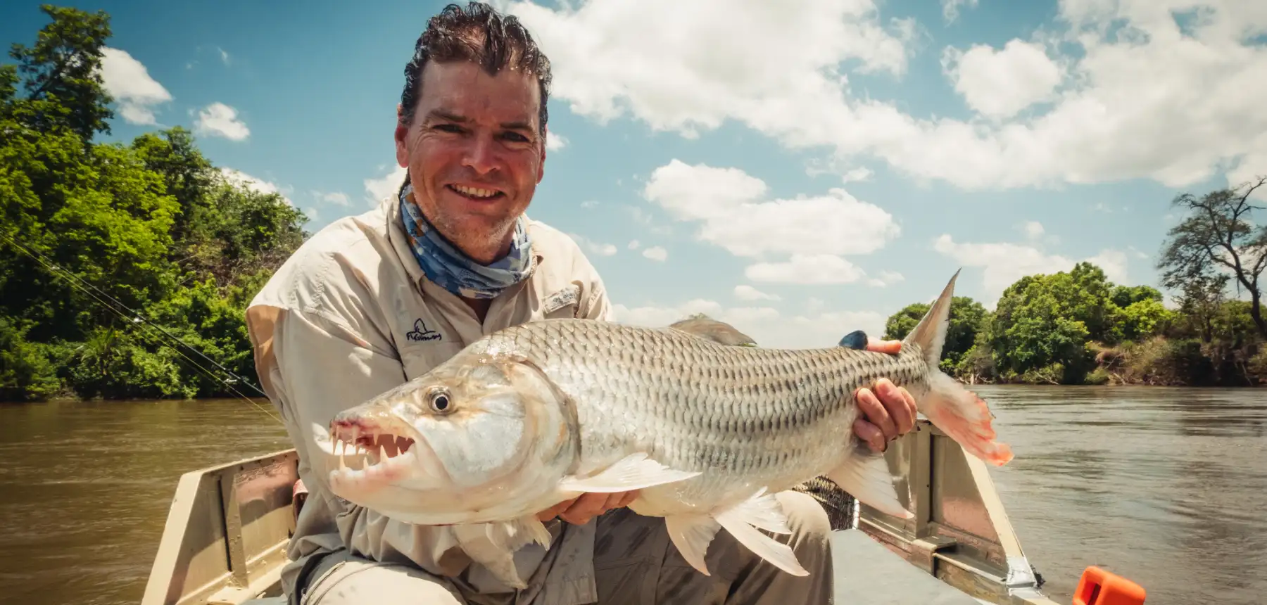 Man holding tigerfish on boat in river under clear sky