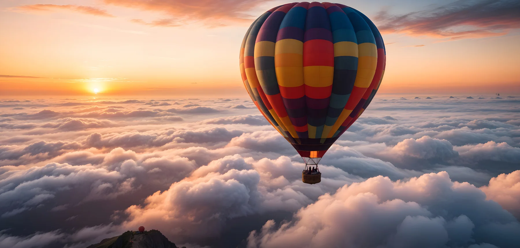 Hot air balloon floating above clouds at sunrise with warm golden light